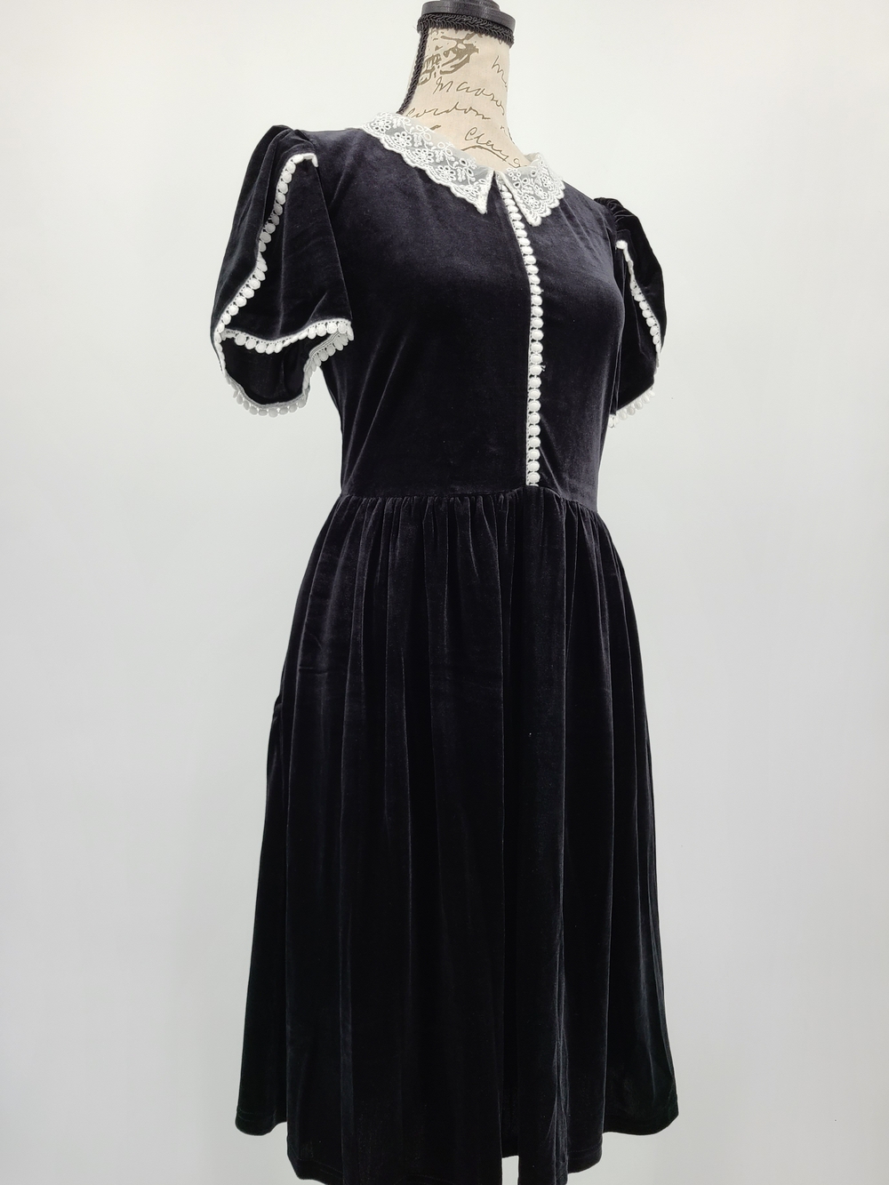 Modcloth Black Velvet Midi Dress with White Lace Trim Size 16 - Picture 1 of 14